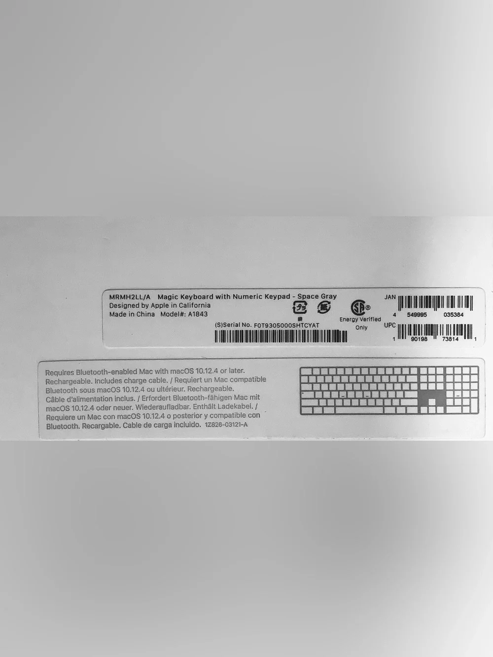 Apple A1843 Wireless Rechargeable Bluetooth Magic Keyboard Numeric Keypad- New